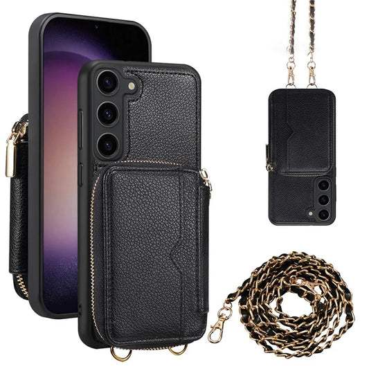 For Samsung Galaxy S24+ Case Kickstand Cover PU Leather+TPU Zipper Wallet with Chain Strap