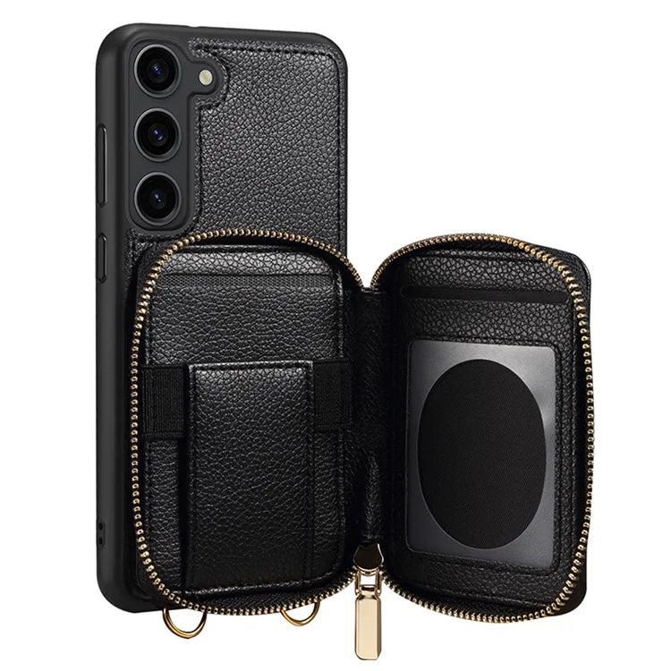For Samsung Galaxy S24+ Case Kickstand Cover PU Leather+TPU Zipper Wallet with Chain Strap