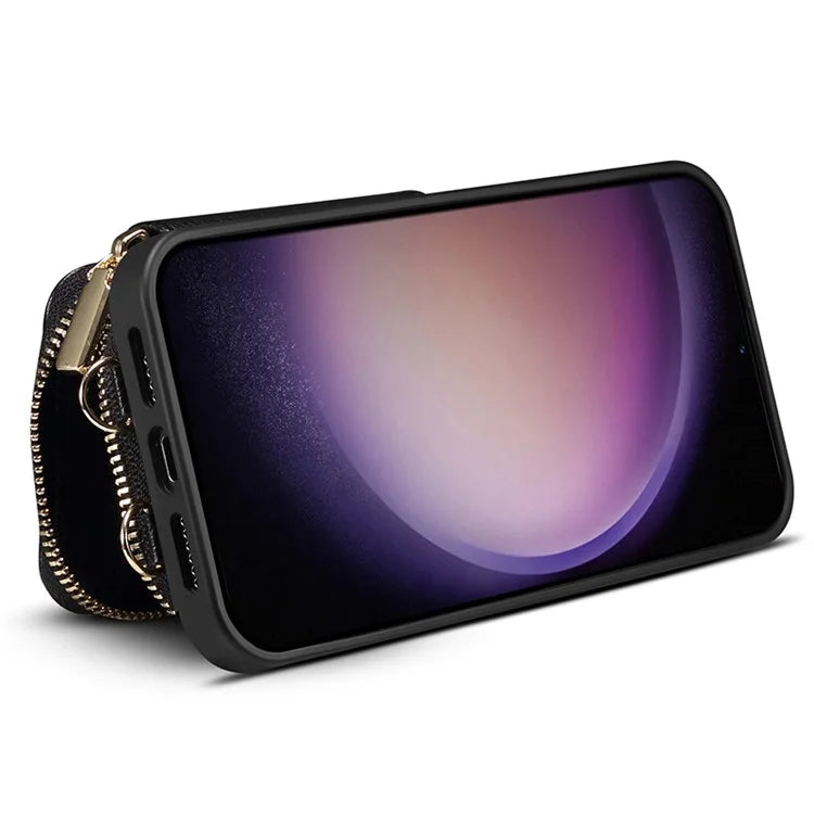 For Samsung Galaxy S24+ Case Kickstand Cover PU Leather+TPU Zipper Wallet with Chain Strap