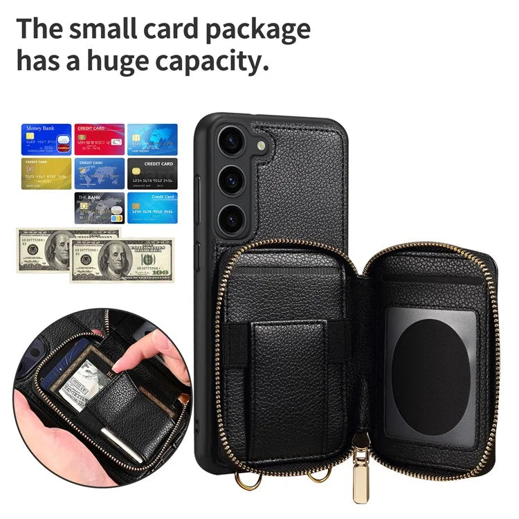 For Samsung Galaxy S24+ Case Kickstand Cover PU Leather+TPU Zipper Wallet with Chain Strap