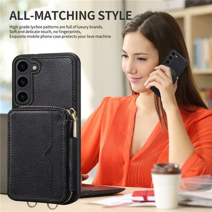 For Samsung Galaxy S24+ Case Kickstand Cover PU Leather+TPU Zipper Wallet with Chain Strap