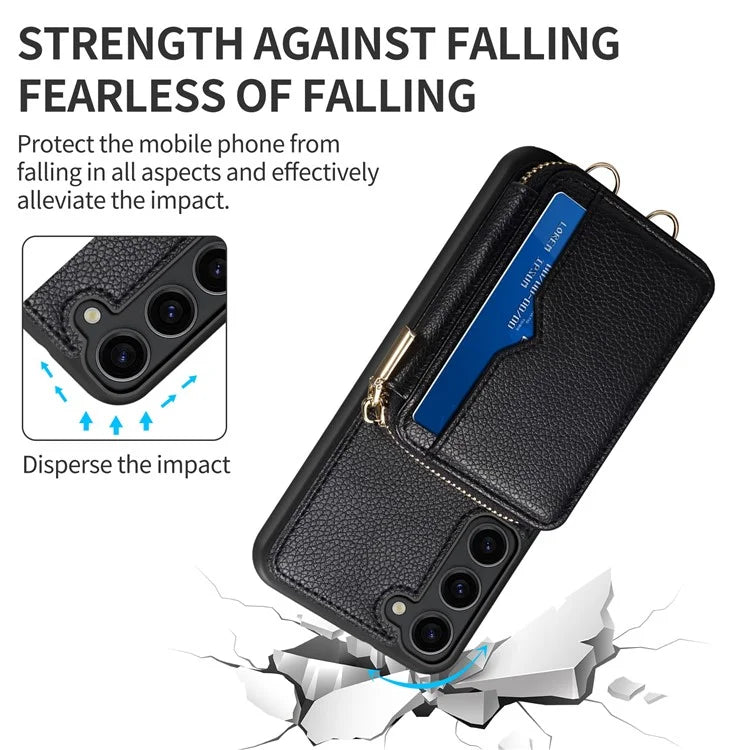 For Samsung Galaxy S24+ Case Kickstand Cover PU Leather+TPU Zipper Wallet with Chain Strap
