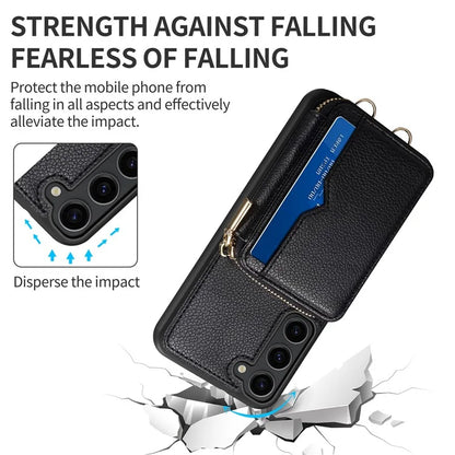 For Samsung Galaxy S24+ Case Kickstand Cover PU Leather+TPU Zipper Wallet with Chain Strap