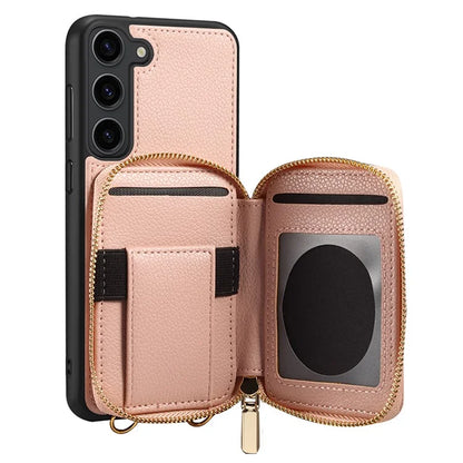 For Samsung Galaxy S24+ Case Kickstand Cover PU Leather+TPU Zipper Wallet with Chain Strap