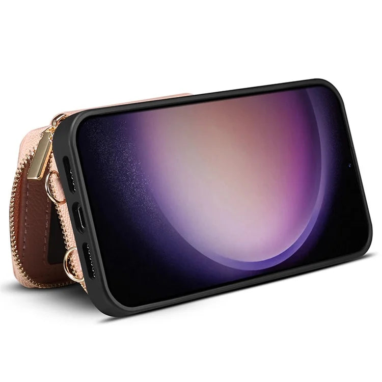 For Samsung Galaxy S24+ Case Kickstand Cover PU Leather+TPU Zipper Wallet with Chain Strap