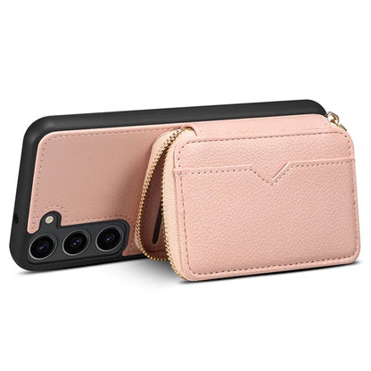 For Samsung Galaxy S24+ Case Kickstand Cover PU Leather+TPU Zipper Wallet with Chain Strap
