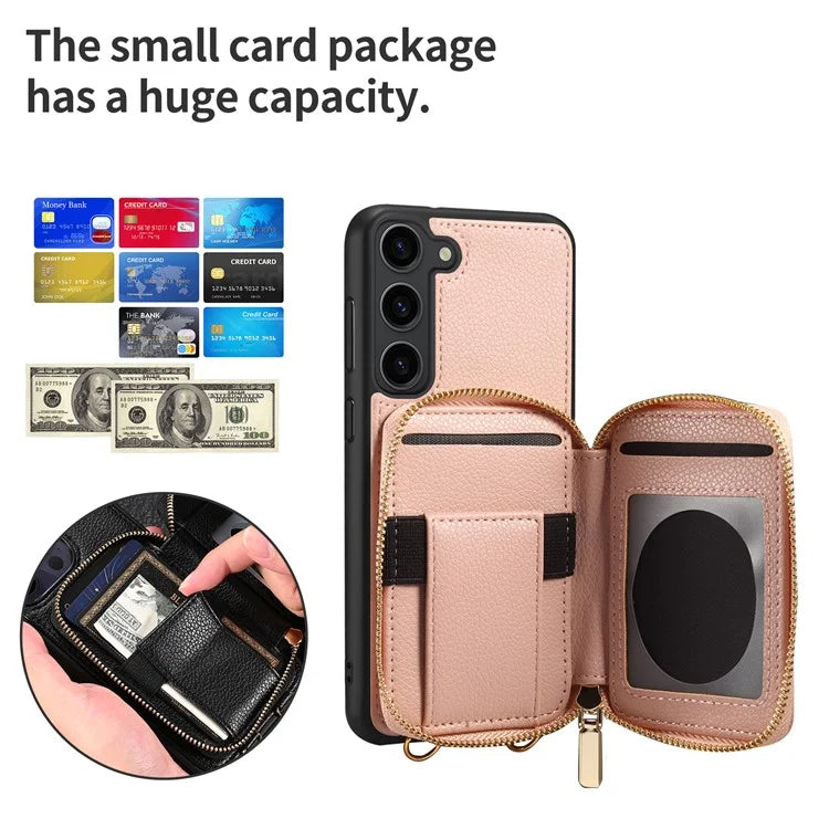 For Samsung Galaxy S24+ Case Kickstand Cover PU Leather+TPU Zipper Wallet with Chain Strap