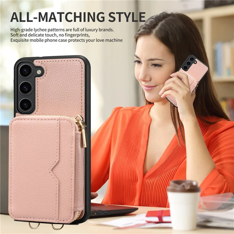 For Samsung Galaxy S24+ Case Kickstand Cover PU Leather+TPU Zipper Wallet with Chain Strap