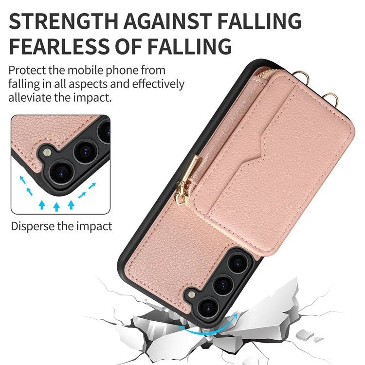 For Samsung Galaxy S24+ Case Kickstand Cover PU Leather+TPU Zipper Wallet with Chain Strap