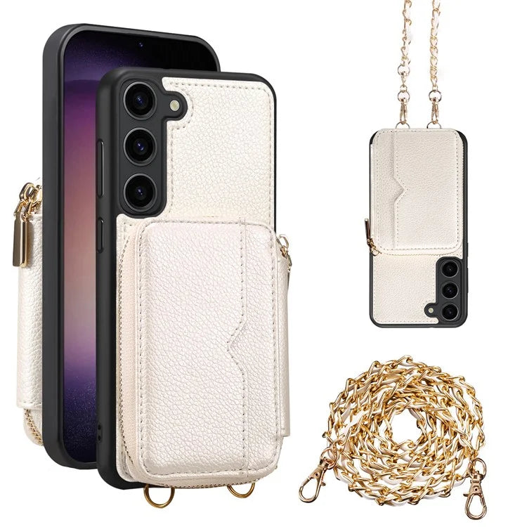 For Samsung Galaxy S24+ Case Kickstand Cover PU Leather+TPU Zipper Wallet with Chain Strap