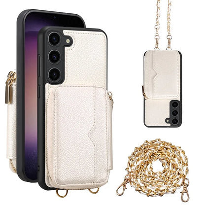 For Samsung Galaxy S24+ Case Kickstand Cover PU Leather+TPU Zipper Wallet with Chain Strap