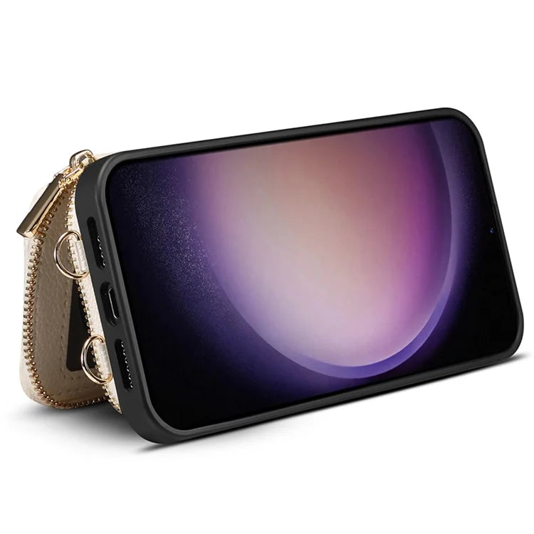 For Samsung Galaxy S24+ Case Kickstand Cover PU Leather+TPU Zipper Wallet with Chain Strap