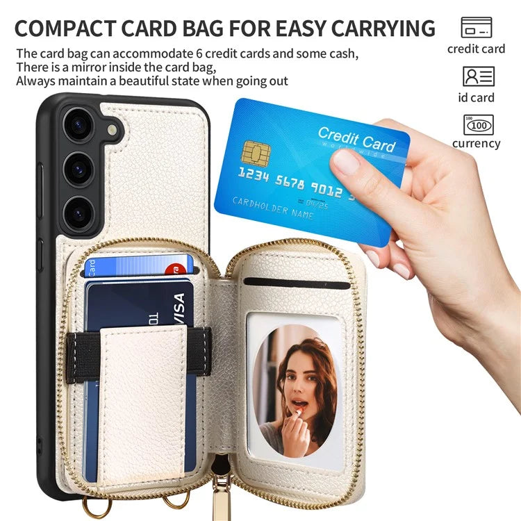 For Samsung Galaxy S24+ Case Kickstand Cover PU Leather+TPU Zipper Wallet with Chain Strap