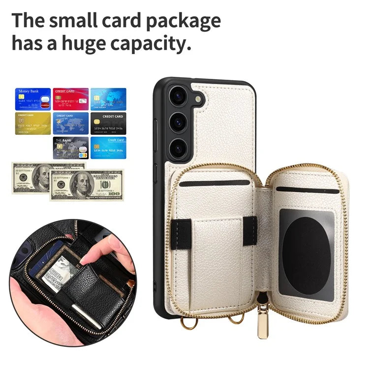 For Samsung Galaxy S24+ Case Kickstand Cover PU Leather+TPU Zipper Wallet with Chain Strap