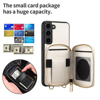 For Samsung Galaxy S24+ Case Kickstand Cover PU Leather+TPU Zipper Wallet with Chain Strap