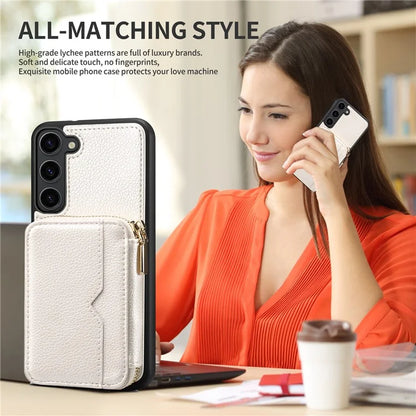 For Samsung Galaxy S24+ Case Kickstand Cover PU Leather+TPU Zipper Wallet with Chain Strap