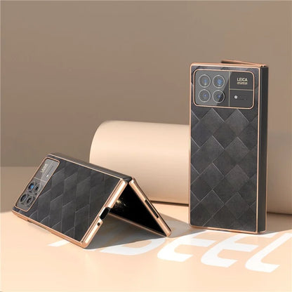 For Xiaomi Mix Fold 3 5G Case Grid Texture Leather+PC Electroplating Phone Cover