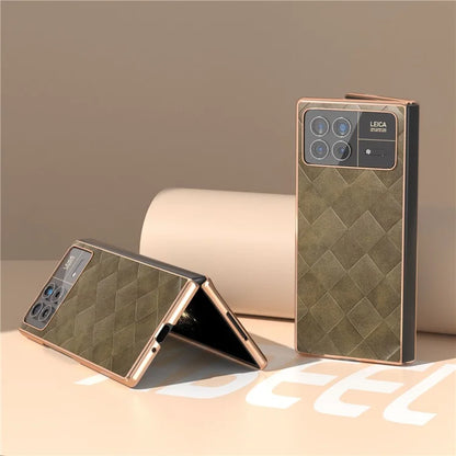 For Xiaomi Mix Fold 3 5G Case Grid Texture Leather+PC Electroplating Phone Cover