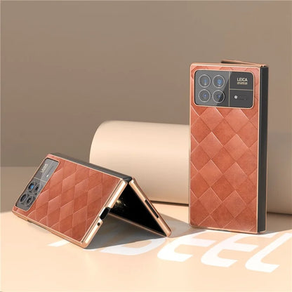 For Xiaomi Mix Fold 3 5G Case Grid Texture Leather+PC Electroplating Phone Cover