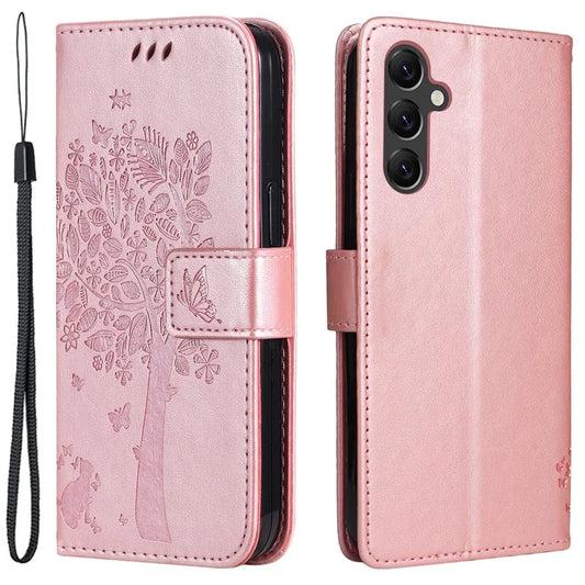 For Samsung Galaxy A05s 4G KT Imprinting Flower Series-3 Case Stand Leather Imprinted Cat Tree Phone Shell Wallet Gold