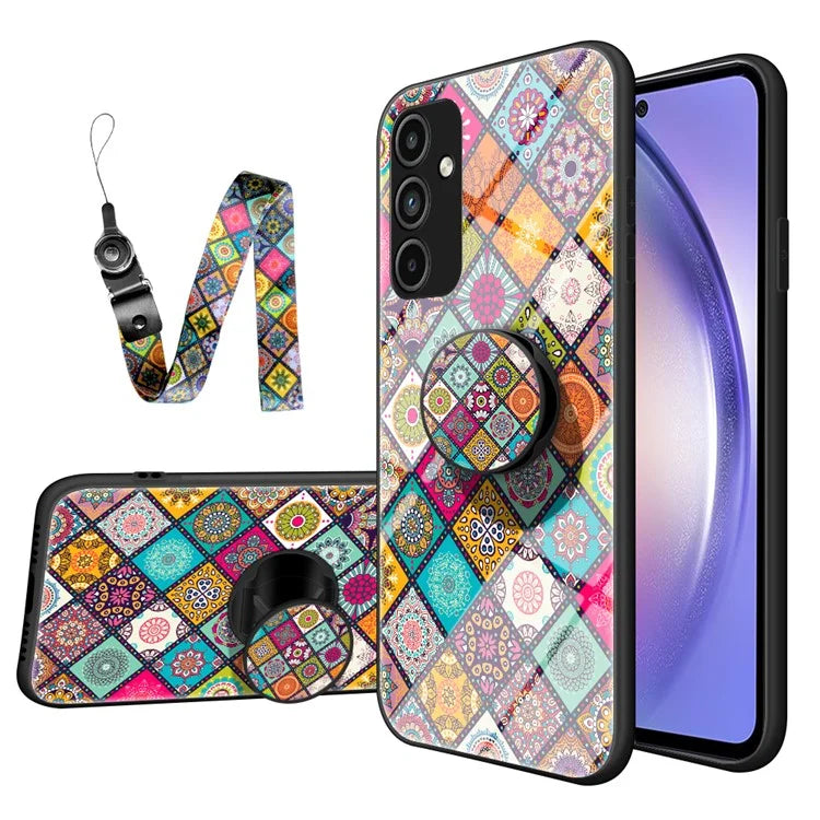 For Samsung Galaxy A15 4G Kickstand Case Tempered Glass+PC+TPU Cover with Lanyard