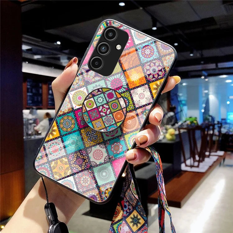 For Samsung Galaxy A15 4G Kickstand Case Tempered Glass+PC+TPU Cover with Lanyard