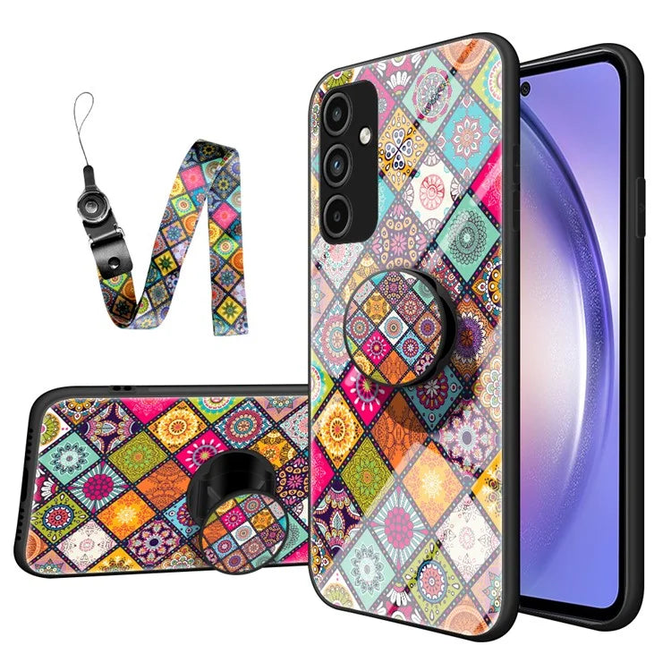 For Samsung Galaxy A15 4G Kickstand Case Tempered Glass+PC+TPU Cover with Lanyard
