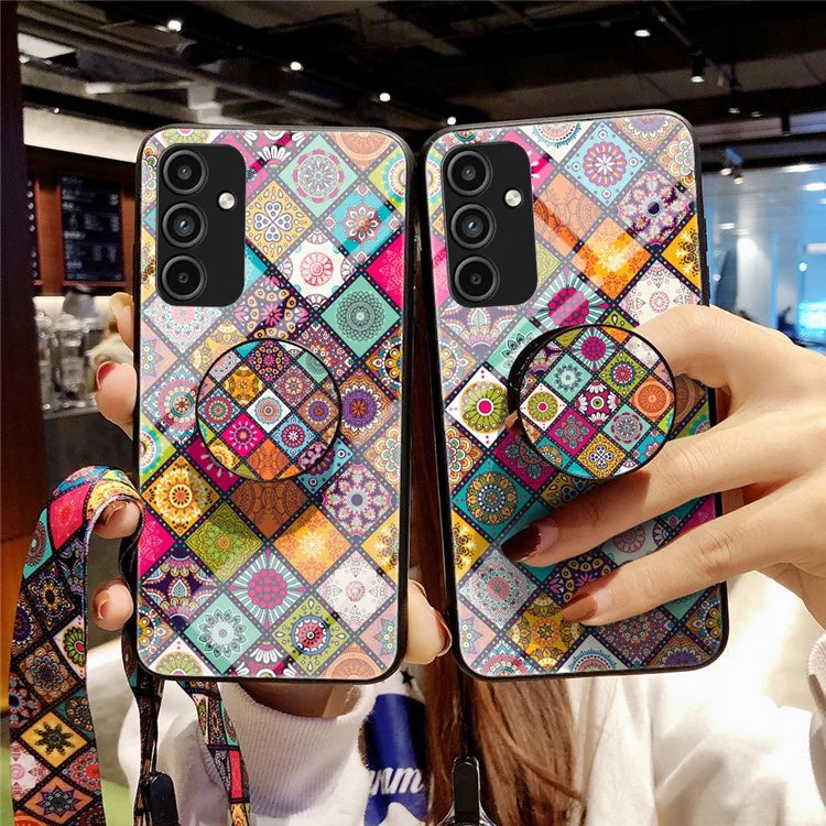 For Samsung Galaxy A15 4G Kickstand Case Tempered Glass+PC+TPU Cover with Lanyard