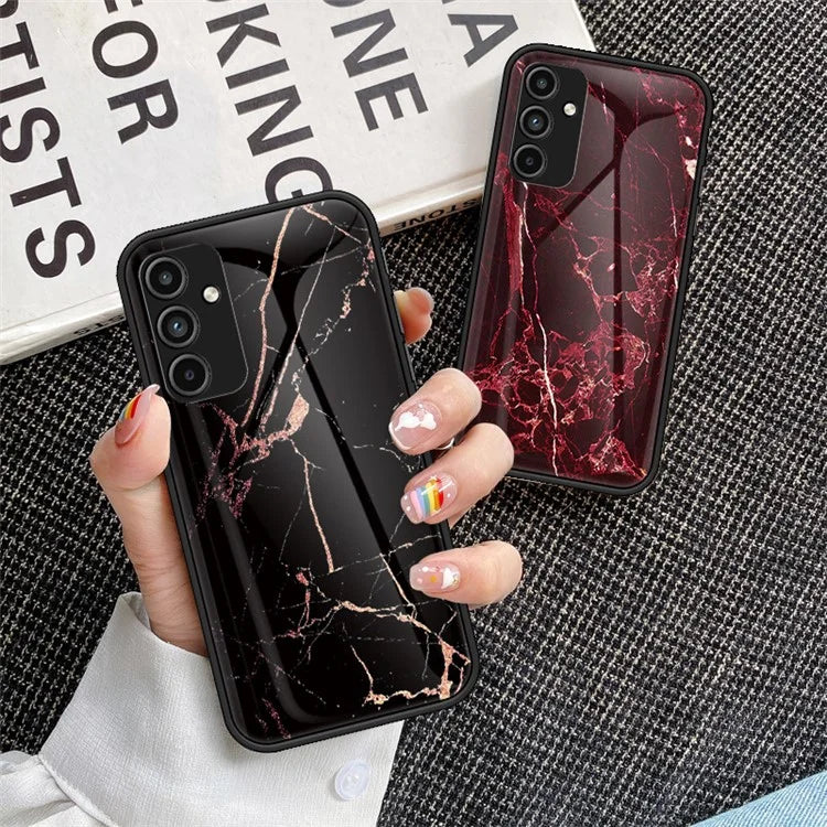 For Samsung Galaxy A15 4G Cover Fall Proof Marble Pattern Tempered Glass+PC+TPU Shell