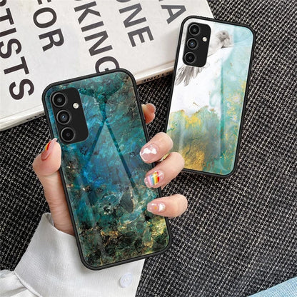 For Samsung Galaxy A15 4G Cover Fall Proof Marble Pattern Tempered Glass+PC+TPU Shell