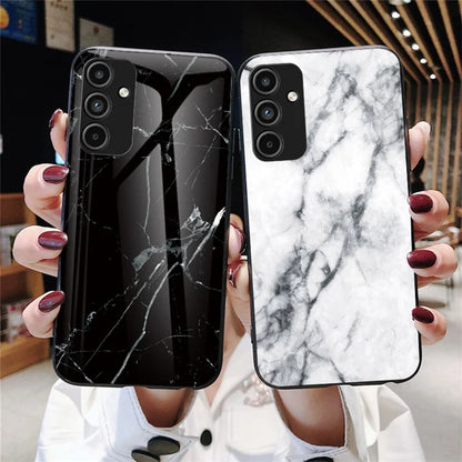 For Samsung Galaxy A15 4G Cover Fall Proof Marble Pattern Tempered Glass+PC+TPU Shell