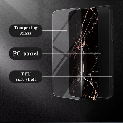 For Samsung Galaxy A05 4G Cover Marble Pattern Tempered Glass+PC+TPU Anti-scratch Shell