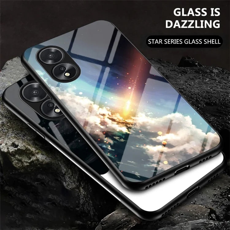 For Oppo A38 4G Case Tempered Glass+PC+TPU Starry Sky Pattern Cover