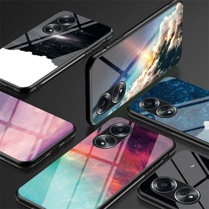 For Oppo A58 4G Case Starry Sky Pattern Back Protector Tempered Glass+PC+TPU Phone Cover