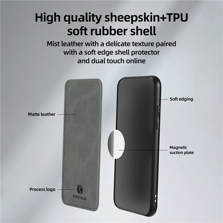 ANNYOJO For iPhone 15 Plus Case PU Leather+PC+TPU Phone Cover Support Magnetic Car Mount