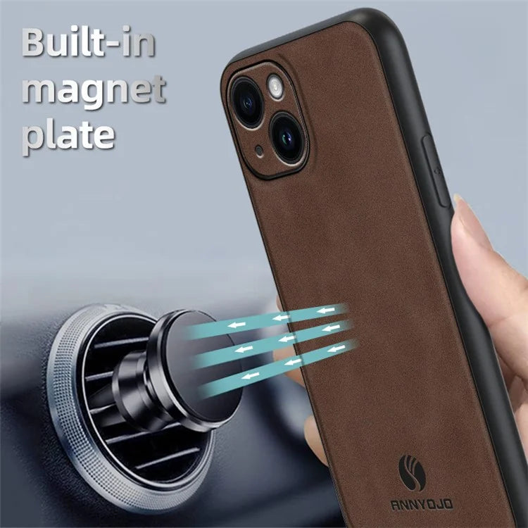 ANNYOJO For iPhone 15 Plus Case PU Leather+PC+TPU Phone Cover Support Magnetic Car Mount