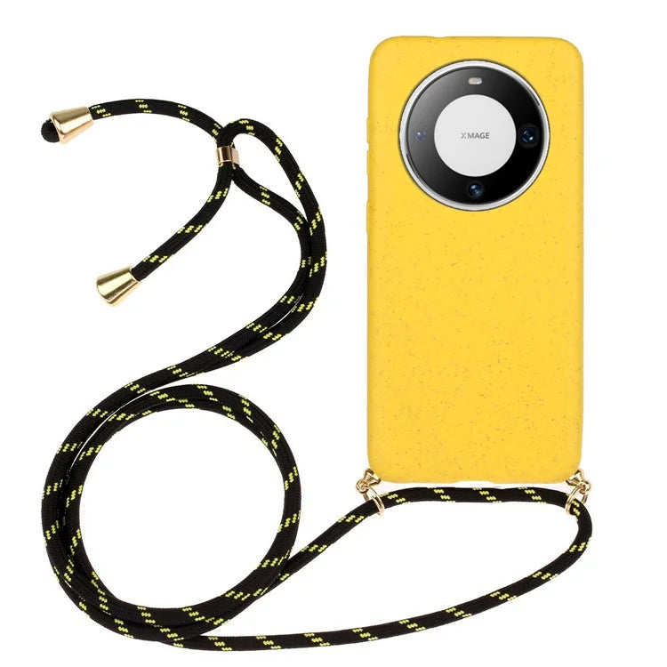 For Huawei Mate 60 Case Shockproof TPU+Wheat Straw Cell Phone Shell with Lanyard