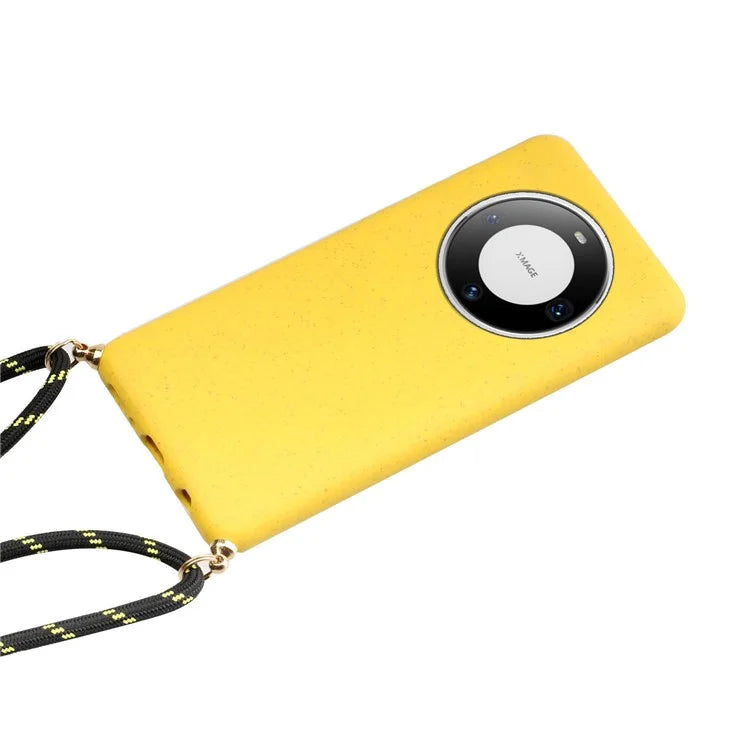 For Huawei Mate 60 Case Shockproof TPU+Wheat Straw Cell Phone Shell with Lanyard