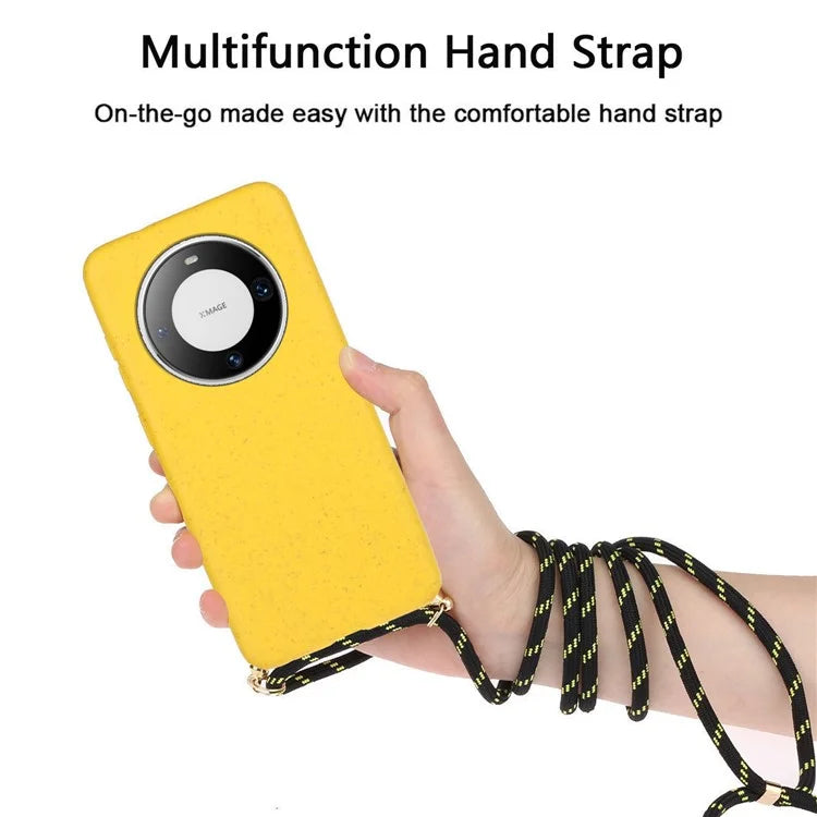 For Huawei Mate 60 Case Shockproof TPU+Wheat Straw Cell Phone Shell with Lanyard