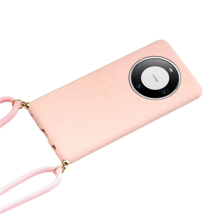 For Huawei Mate 60 Case Shockproof TPU+Wheat Straw Cell Phone Shell with Lanyard