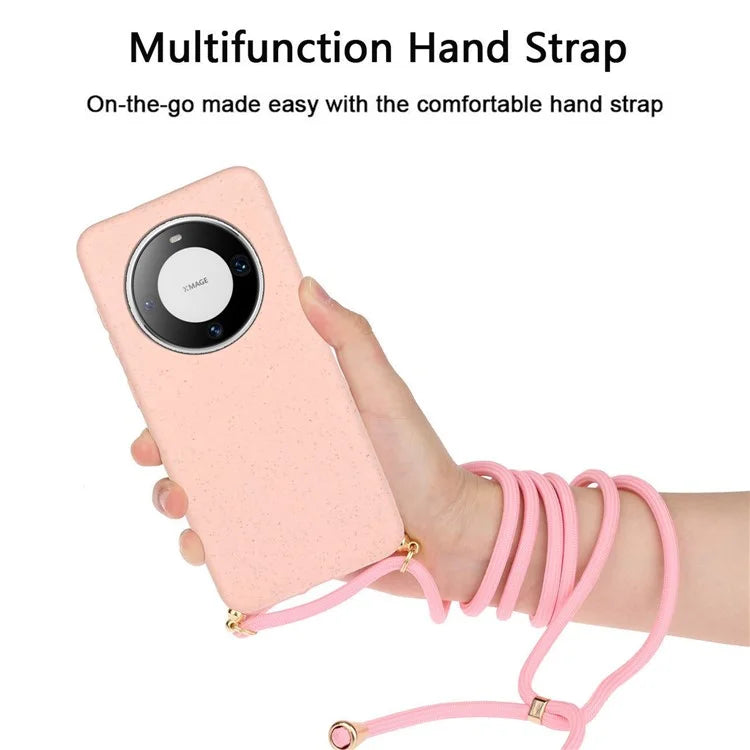 For Huawei Mate 60 Case Shockproof TPU+Wheat Straw Cell Phone Shell with Lanyard