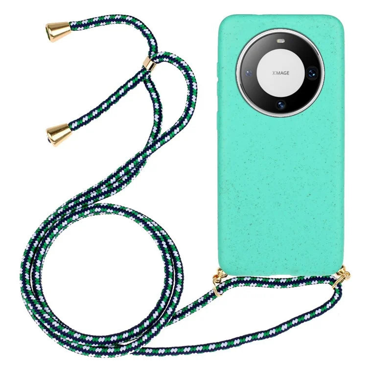 For Huawei Mate 60 Case Shockproof TPU+Wheat Straw Cell Phone Shell with Lanyard