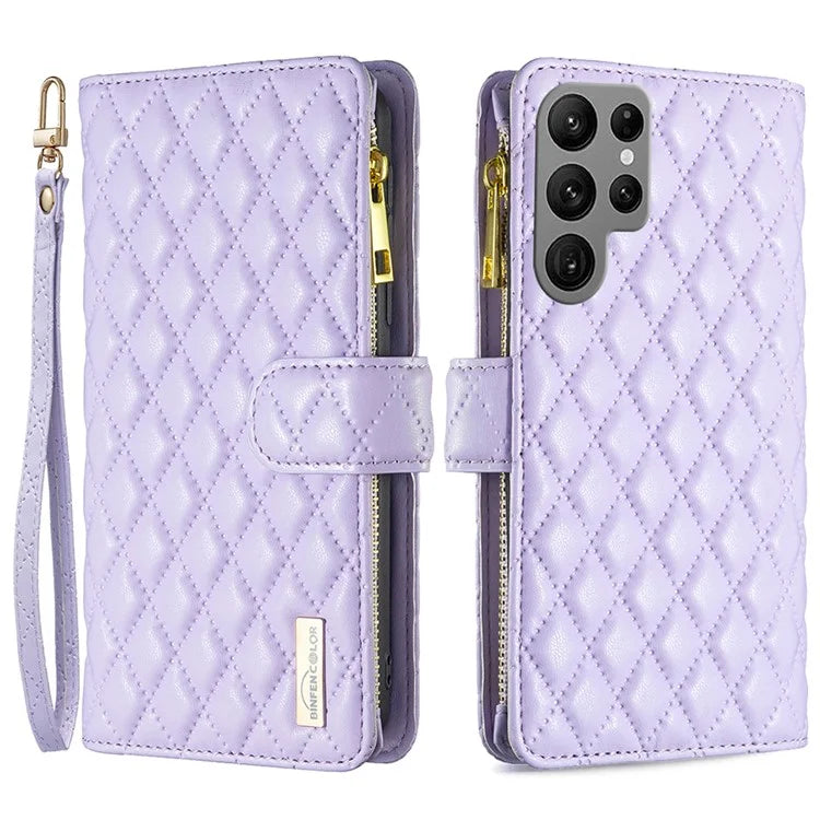 BINFEN COLOR BF Style-15 For Samsung Galaxy S24 Ultra Leather Case Zipper Wallet Phone Cover