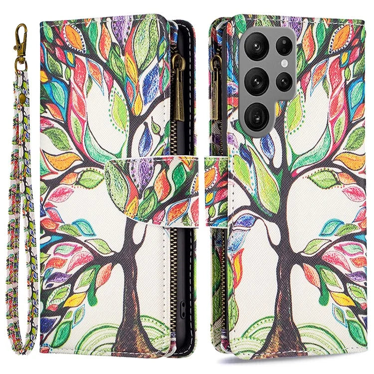 BF03 Zipper Wallet Cover for Samsung Galaxy S24 Ultra Leather Case Stand