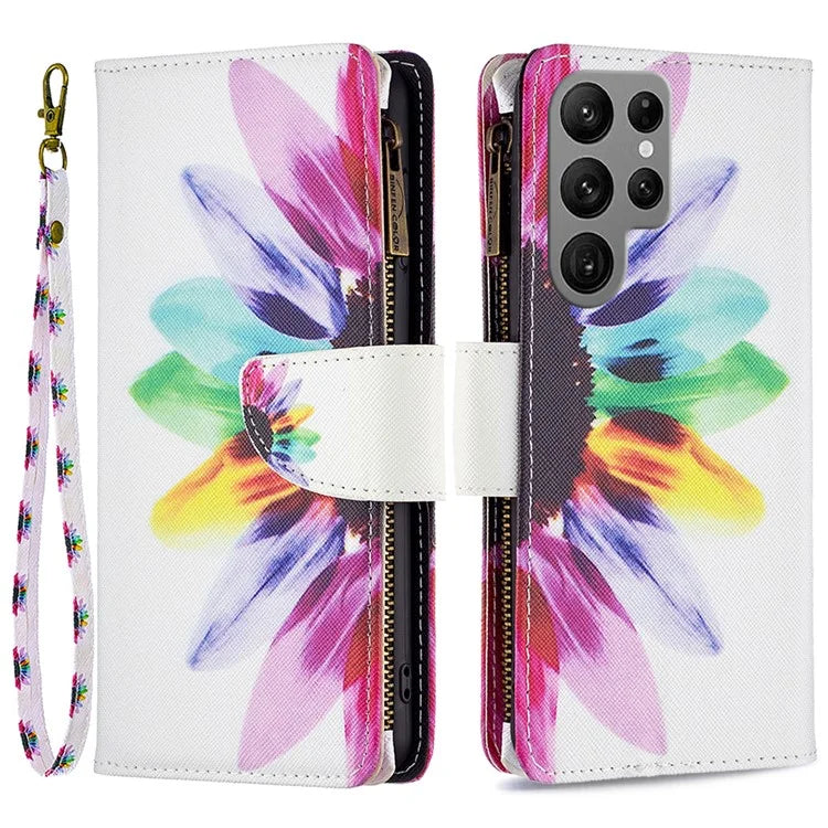 BF03 Zipper Wallet Cover for Samsung Galaxy S24 Ultra Leather Case Stand