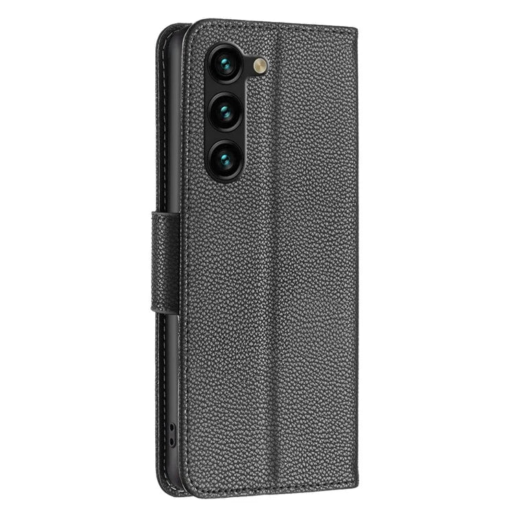For Samsung Galaxy S24+ Case Stand PU Leather Cell Phone Cover Litchi Texture Shell