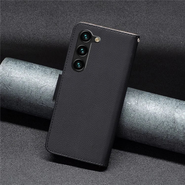 For Samsung Galaxy S24+ Case Stand PU Leather Cell Phone Cover Litchi Texture Shell