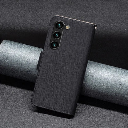 For Samsung Galaxy S24+ Case Stand PU Leather Cell Phone Cover Litchi Texture Shell