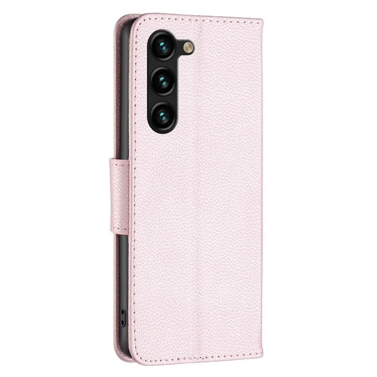 For Samsung Galaxy S24+ Case Stand PU Leather Cell Phone Cover Litchi Texture Shell