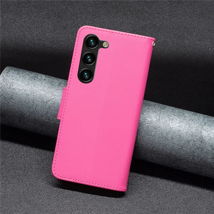 For Samsung Galaxy S24+ Case Stand PU Leather Cell Phone Cover Litchi Texture Shell